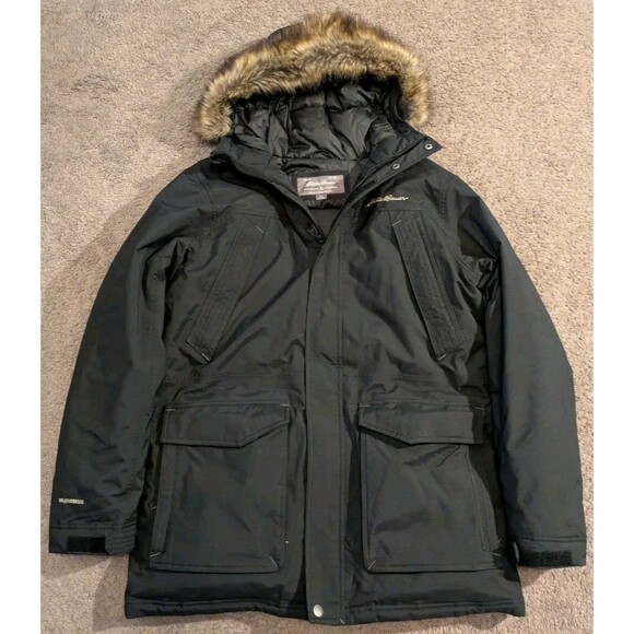 Eddie Bauer Jacket Black Weatheredge Down Parka Faux Fur Hood Winter Men's Large - Picture 1 of 8